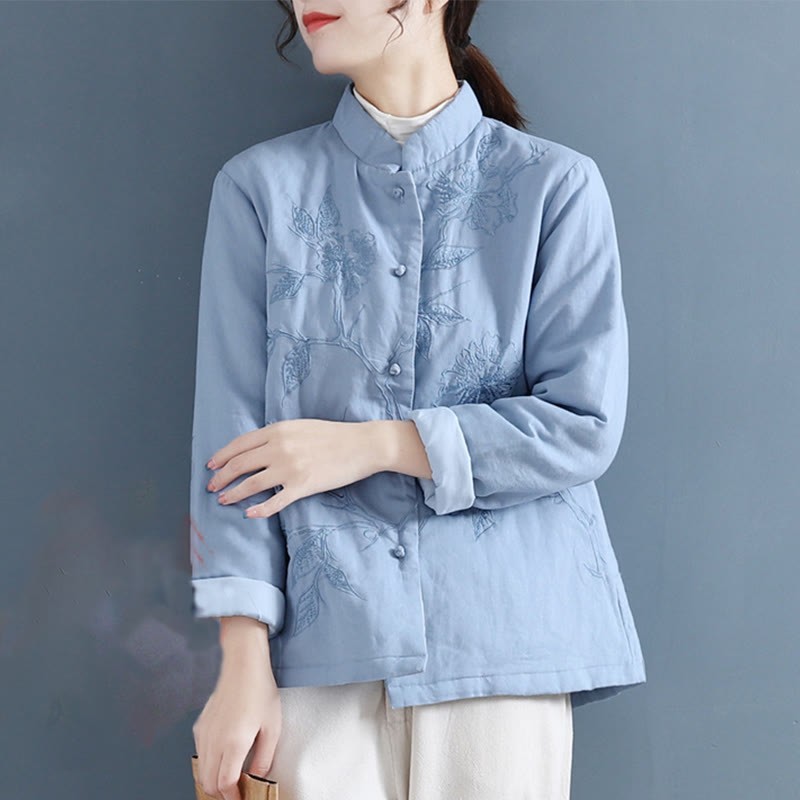 Retro Flower Design Thermal Long Sleeve Cotton Linen Women's Shirt
