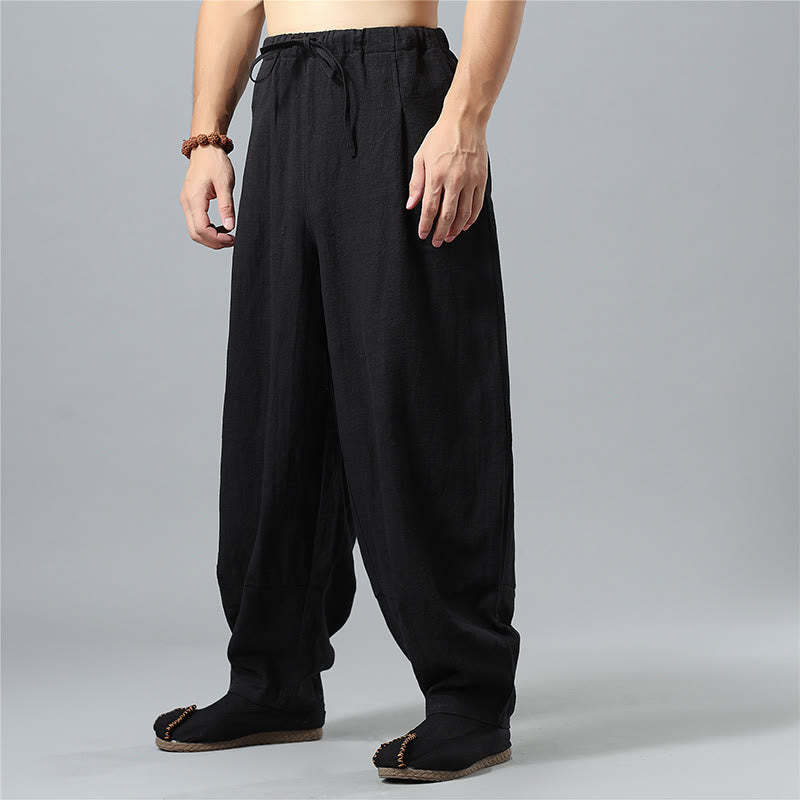 Casual Solid Color Drawstring Cotton Linen Men's Pants With Pockets