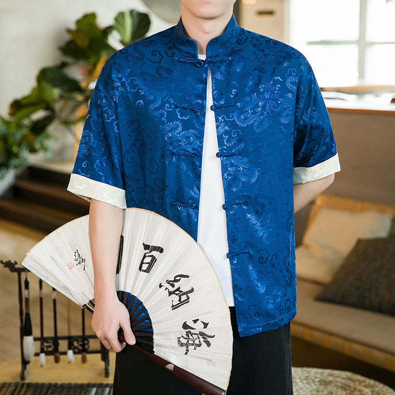 Chinese Tang Suit Frog-button Dragon Print Men's Half Sleeve Shirts