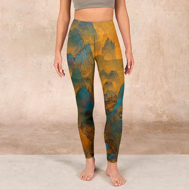 Dark Goldenrod Mountain Print Fitness Leggings Women's Yoga Pants