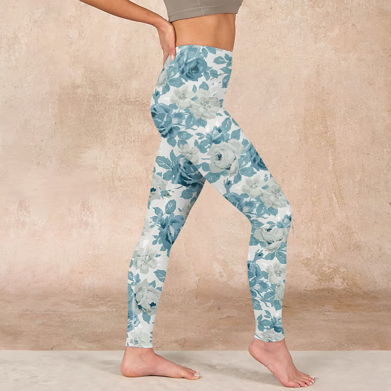 Green White Flower Gym Leggings Women's Yoga Pants