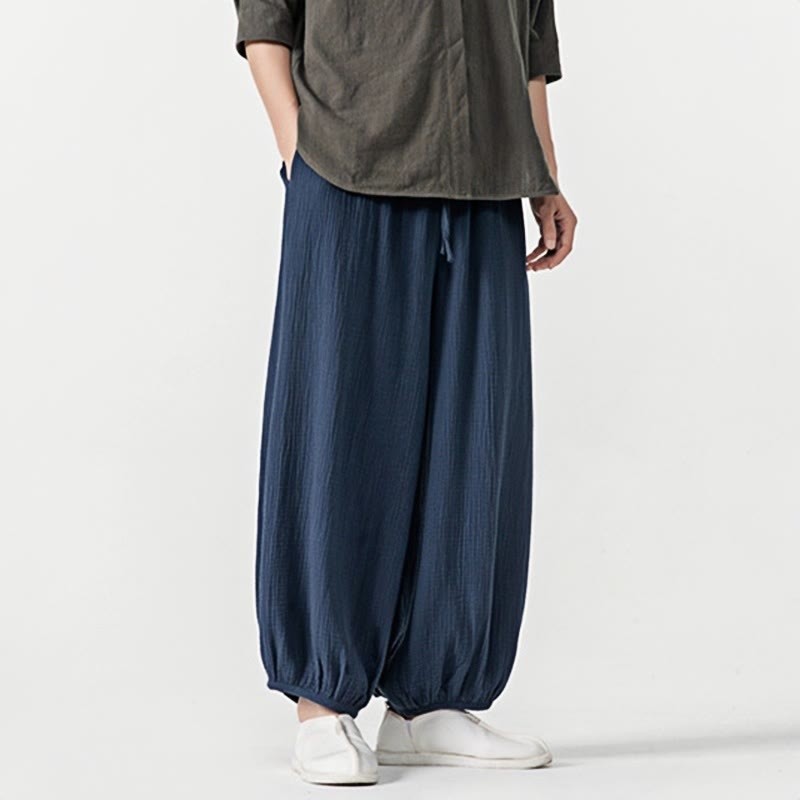 Soft Solid Color Drawstring Cotton Men's Pants With Pockets