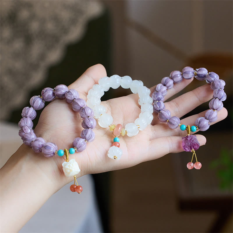 Liuli Glass Bead Lotus Design Fluorite Ivory Fruit Dancing Lion Charm Enlightenment Bracelet