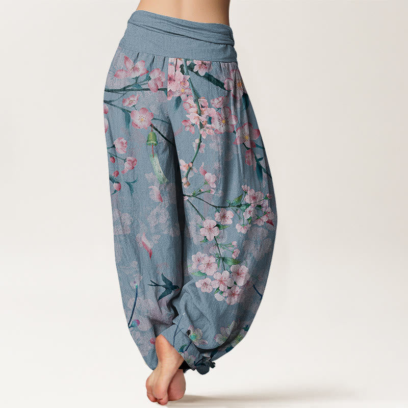 Peach Blossoms Flying Geese Pattern Women's Elastic Waist Harem Pants