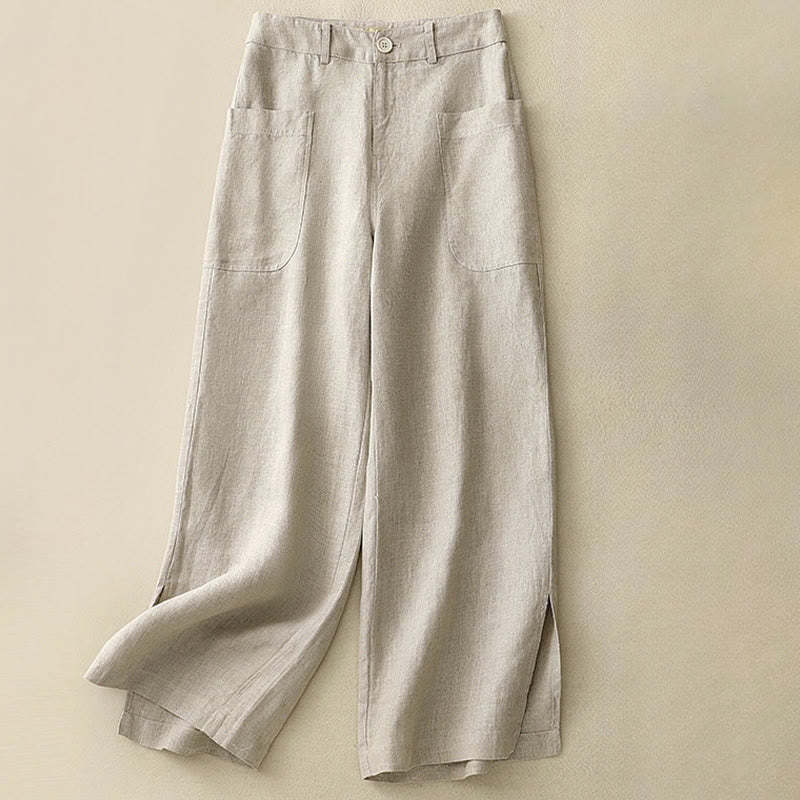 Summer Simple Design Ankle-Length Cotton Linen Women's Wide Leg Pants With Pockets Zipper