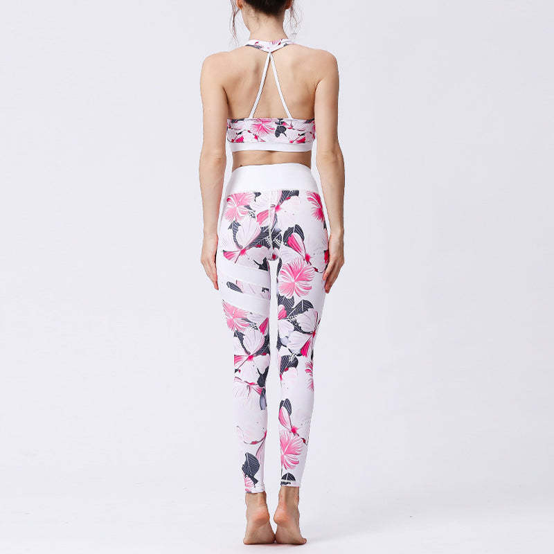 2Pcs Sunflower Flowers Leaves Print Top Pants Sports Fitness Yoga Women's Yoga Sets