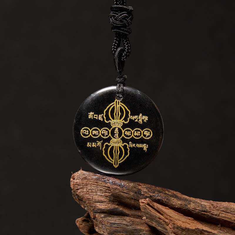 Vajra Dorje Sanskrit Pattern Natural Various Crystal Black Obsidian Fulfilment Necklace Pendant