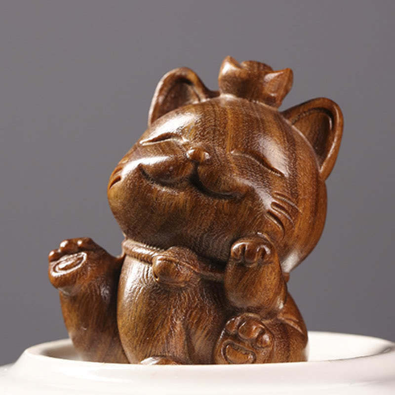 Mini Green Sandalwood Ingot Lucky Cat Carved Peace Desk Decorations