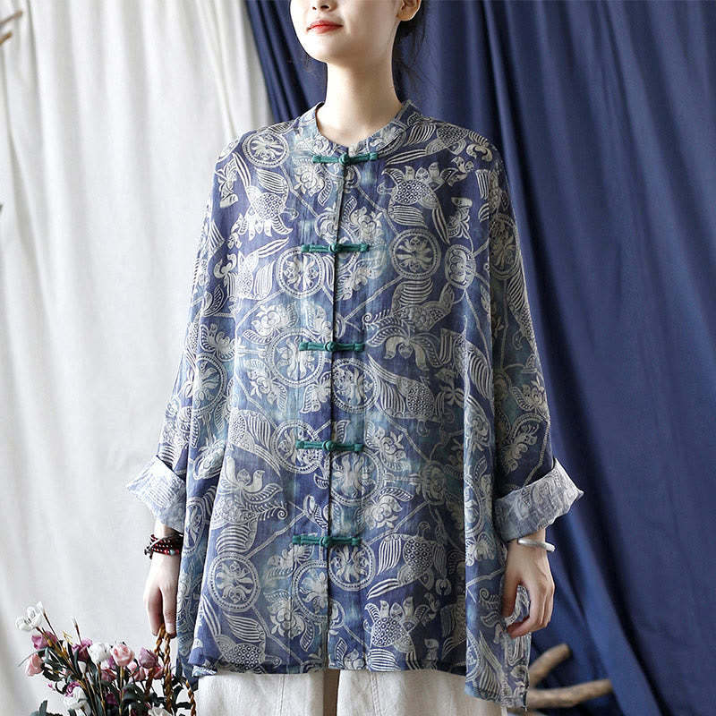 Birds Flowers Geometry Frog-Button Long Sleeve Ramie Linen Jacket Shirt