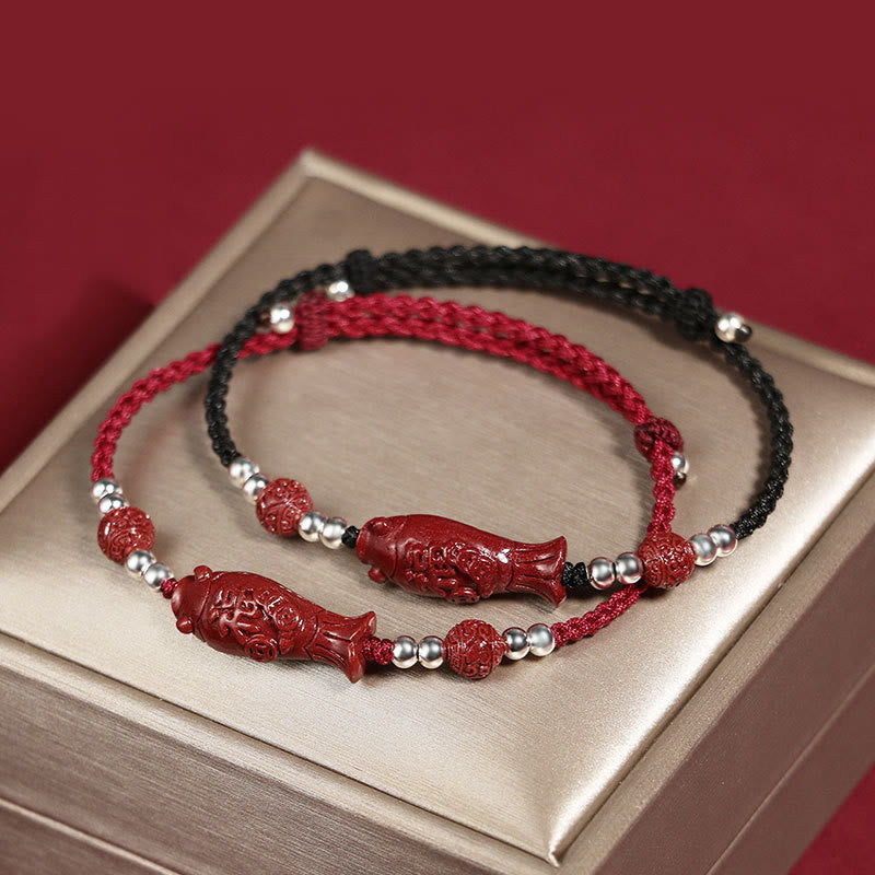 925 Sterling Silver Koi Fish Cinnabar Fu Character Copper Coin Wealth Braided Bracelet
