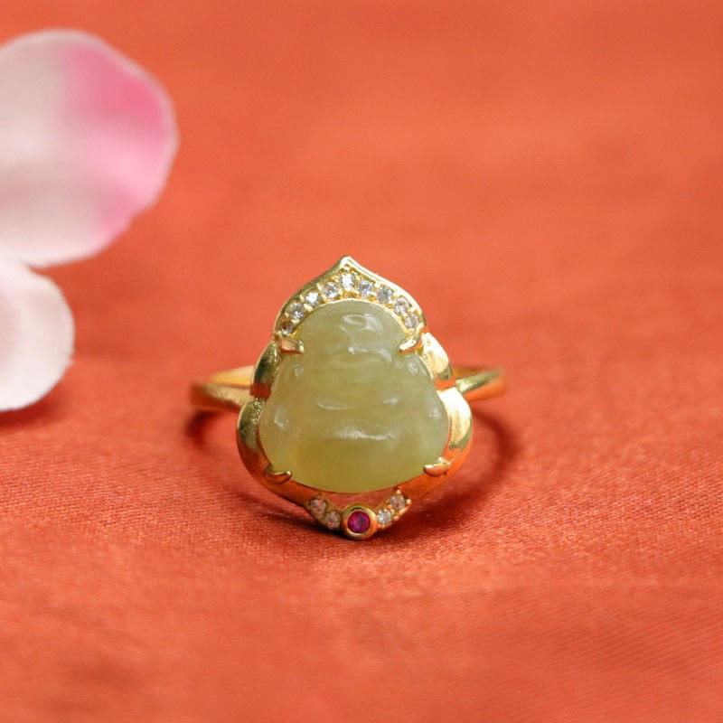 Natural Hetian Jade Egg Gourd Copper Laughing mystic zen Open Luck Ring