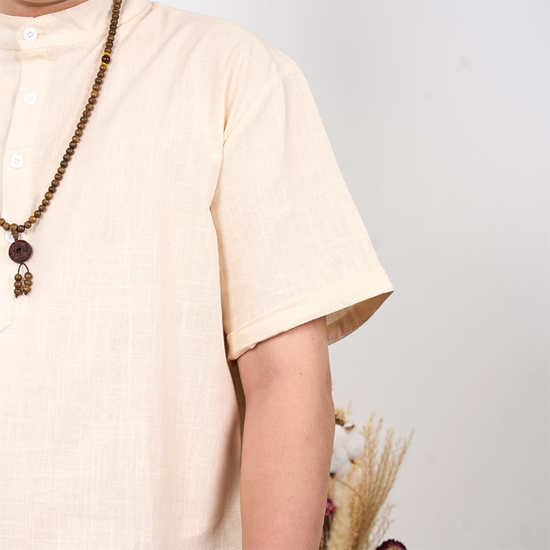 Men's Plain Color Short Sleeve Half Button Cotton Linen Shirt