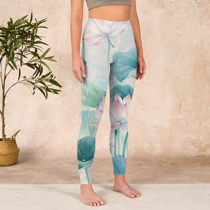 Blooming  White Pink Lotus Leaves Print Gym Leggings Women's Yoga Pants