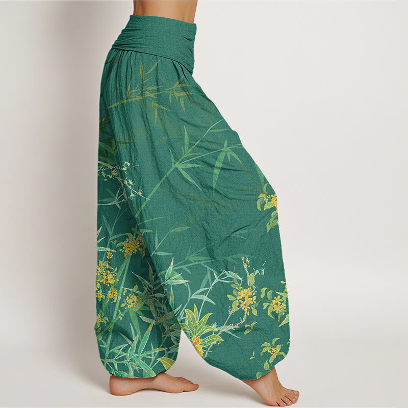 Blooming Flowers Bamboo?Pattern Women's Elastic Waist Harem Pants