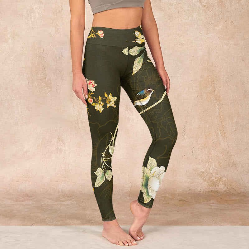 Black Magnolia Flowers Print Gym Leggings Women's Yoga Pants