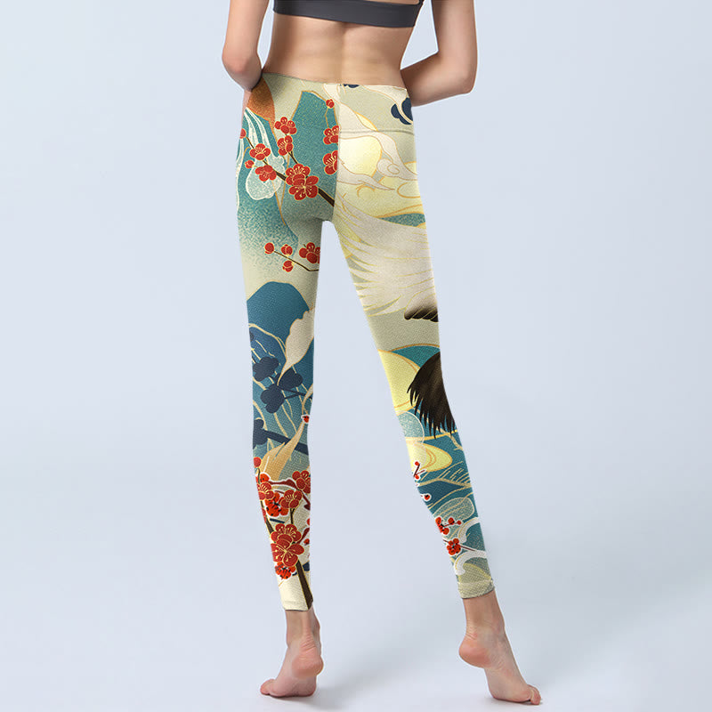 Cranes Plum Blossoms Mountains Print Gym Leggings Women's Yoga Pants