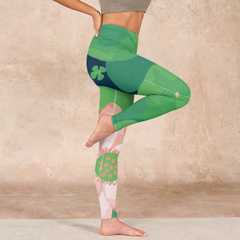 Green Lotus Flower Leaf Print Sports Fitness Leggings Women's Yoga Pants