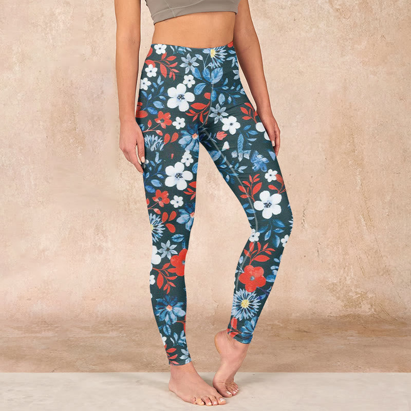 Red White Flower Dandelion Print Gym Fitness Leggings Women's Yoga Pants