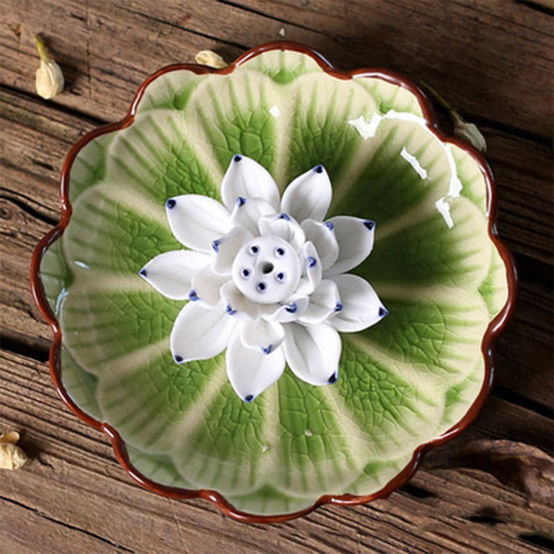 Lotus Pattern Healing Ceramic Incense Burner Decoration