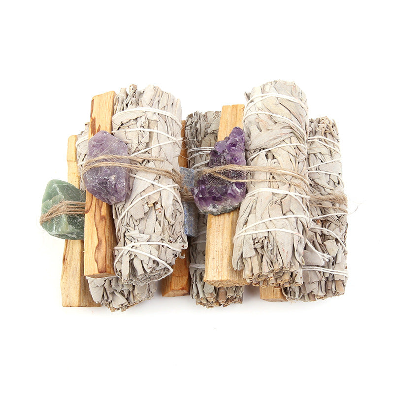 Natural Palo Santo Amethyst Green Aventurine Crystal White Sage Smudge Purify Altar Set Spiritual Supplies