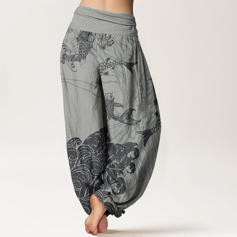 Koi FIsh Lotus Waves Women's Elastic Waist Harem Pants