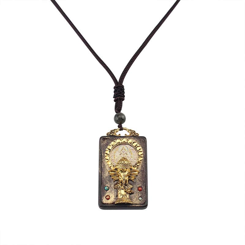 Ebony Wood Elephant God of Fortune mystic zen Blessing Necklace String Pendant