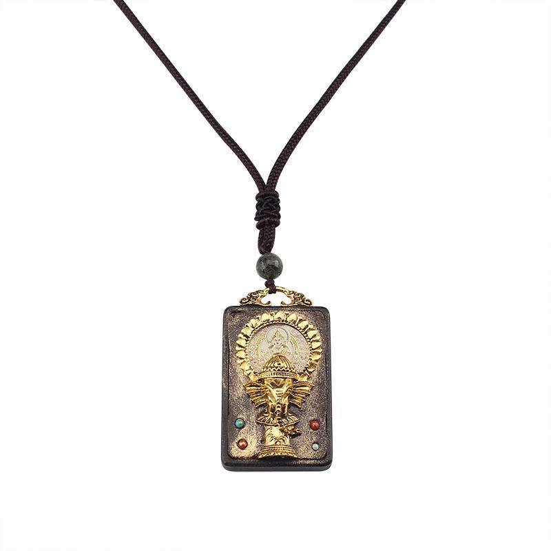 Ebony Wood Elephant God of Fortune mystic zen Blessing Necklace String Pendant