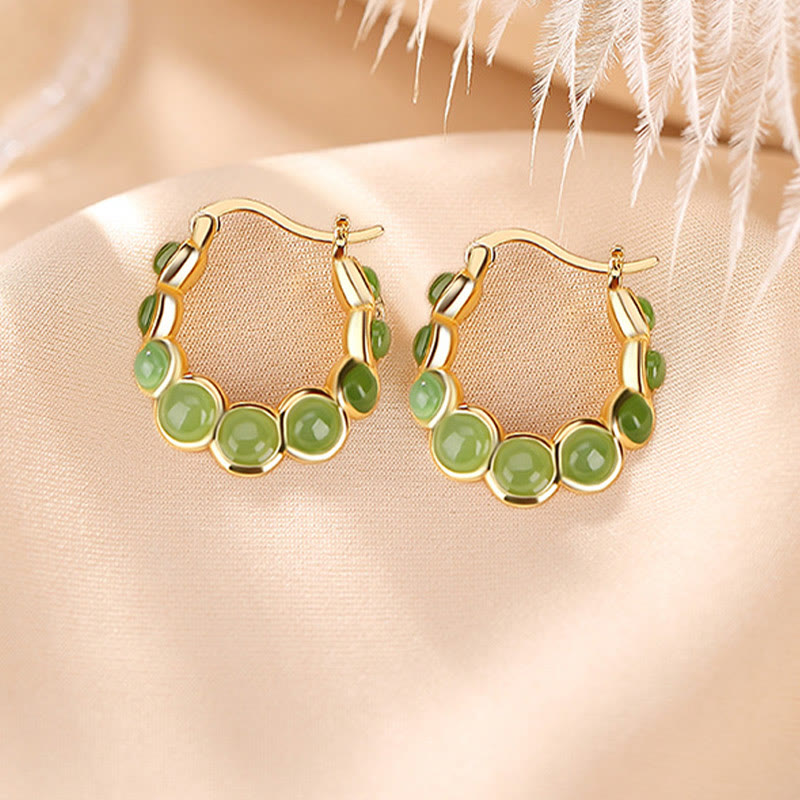 925 Sterling Silver Plated Gold Hetian Cyan Jade Pea Ear Clip Prosperity Earrings