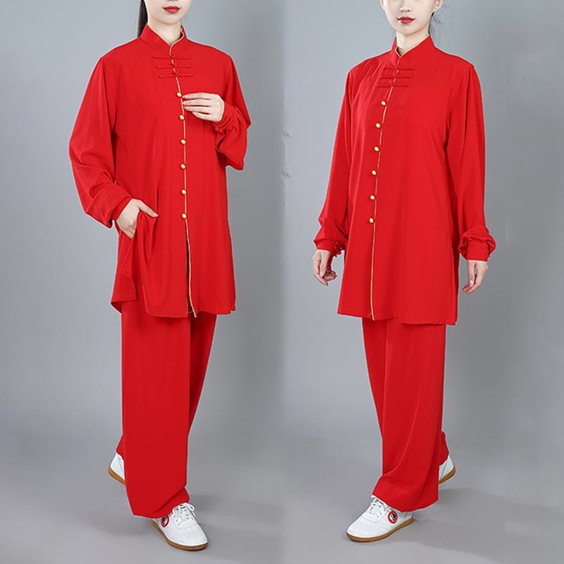 2Pcs Fall Solid Color Frog-Button Tai Chi Meditation Qigong Zen Practice Unisex Cotton Clothing Set