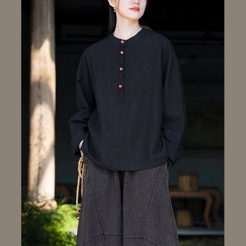 Solid Color Loose Button Blouse Long Sleeve Shirt Top