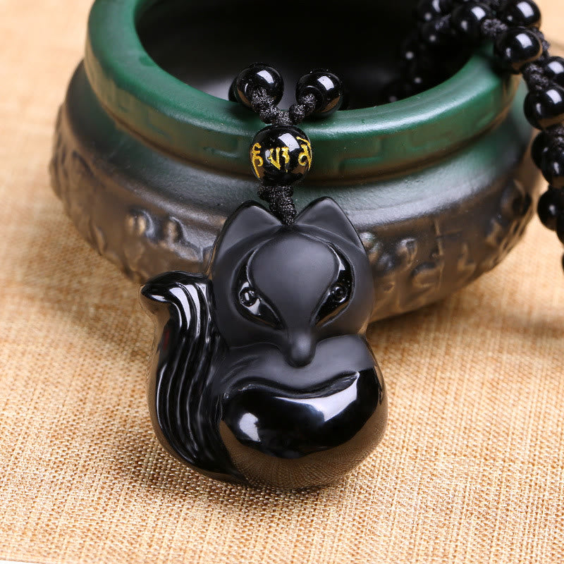 Natural Black Obsidian Tiger Eye Ice Obsidian Fox Pendant Amulet Necklace