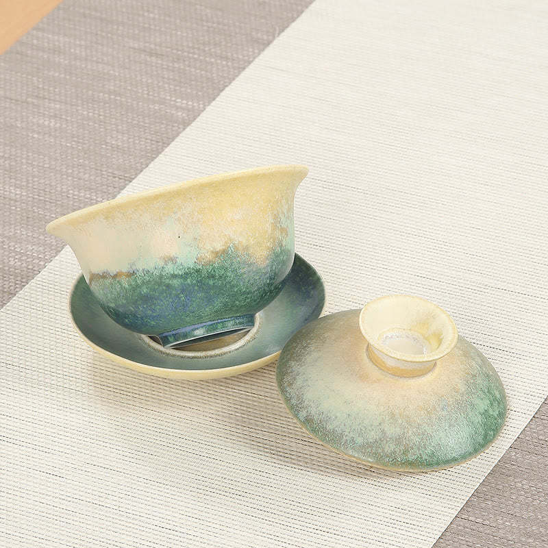 Green Ocean Waves Design Porcelain Ceramic Gaiwan Sancai Teacup Kung Fu Tea Cup And Saucer With Lid