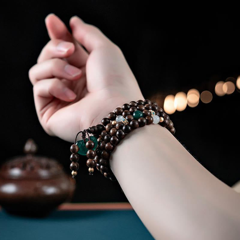 108 Mala Beads Kalimantan Agarwood Laughing mystic zen Peace Buckle Red Agate Jade Strength Bracelet
