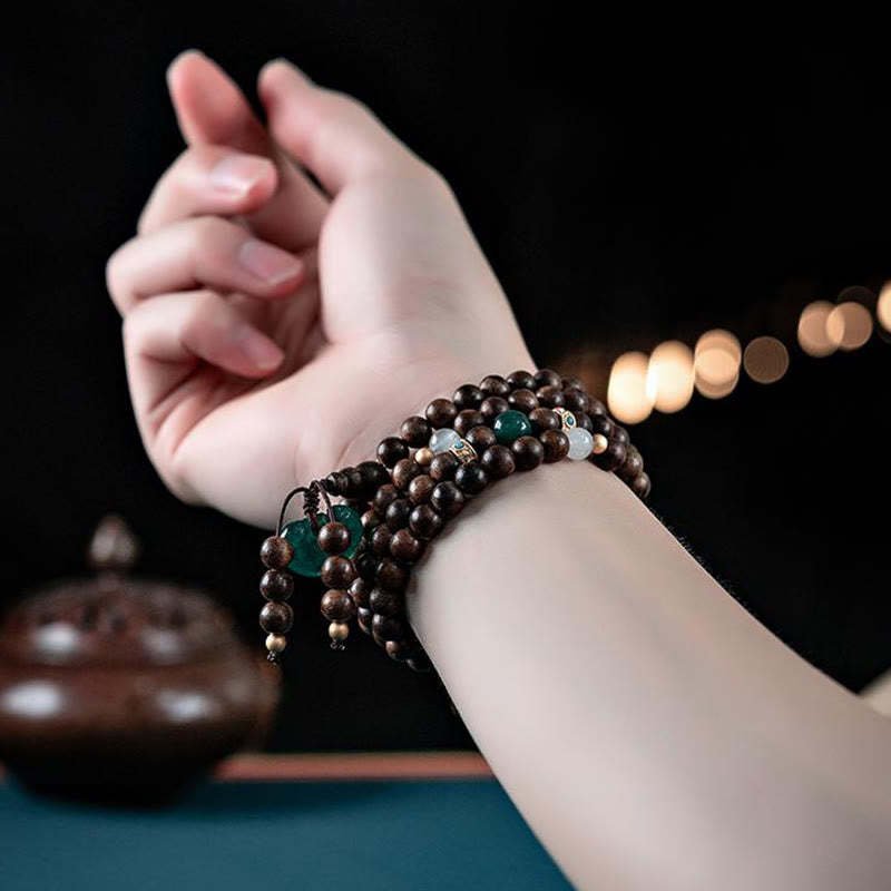 108 Mala Beads Kalimantan Agarwood Laughing mystic zen Peace Buckle Red Agate Jade Strength Bracelet