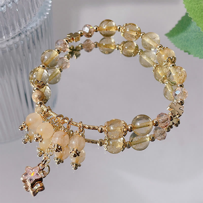 Natural Colored Yellow Rutilated Quartz Four Leaf Clover Star Auspiciousness Bracelet