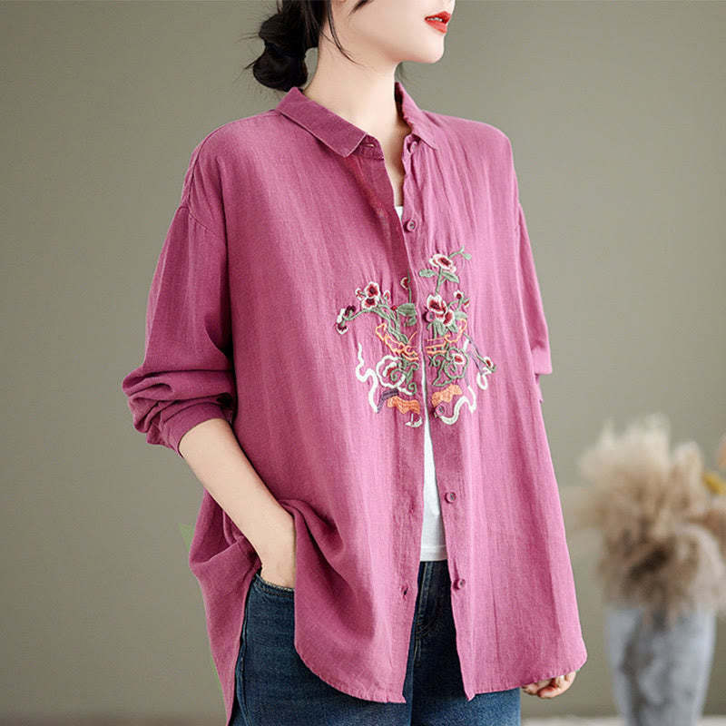 Flower Embroidery Long Sleeve Cotton Linen Women's Shirts