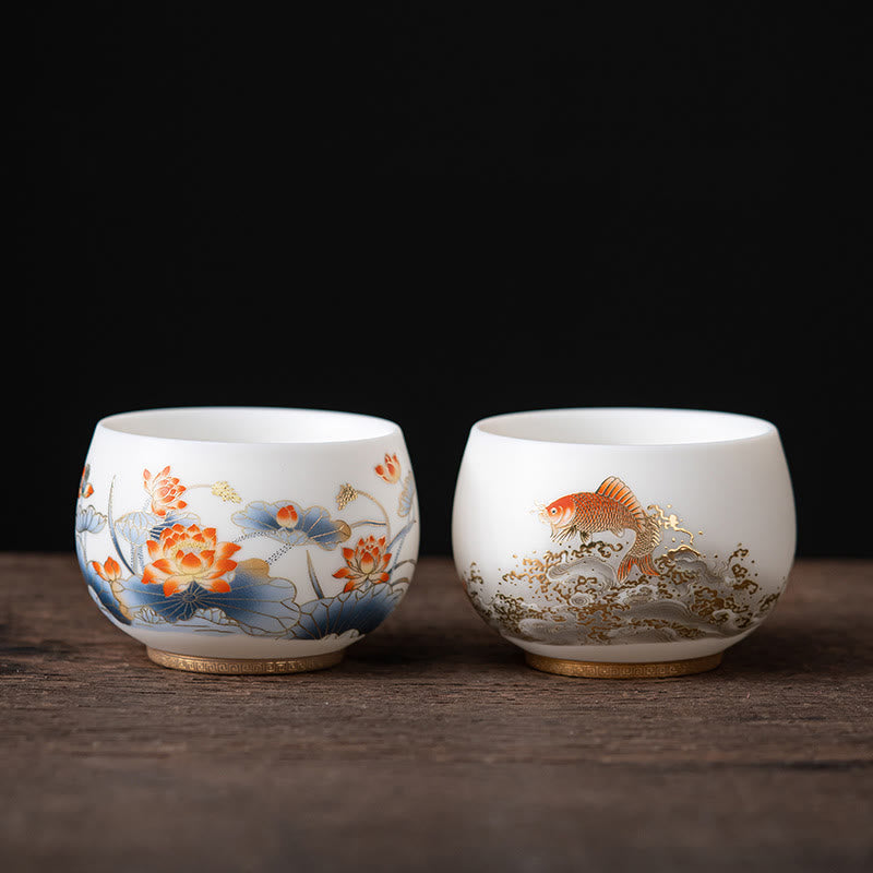 Phoenix Dragon Lotus Deer Ancient Building Koi Fish Ceramic Teacup Kung Fu Tea Cups