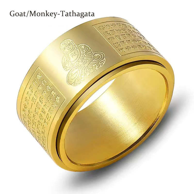 Chinese Zodiac Natal mystic zen Heart Sutra Carved Titanium Steel Calm Rotatable Ring