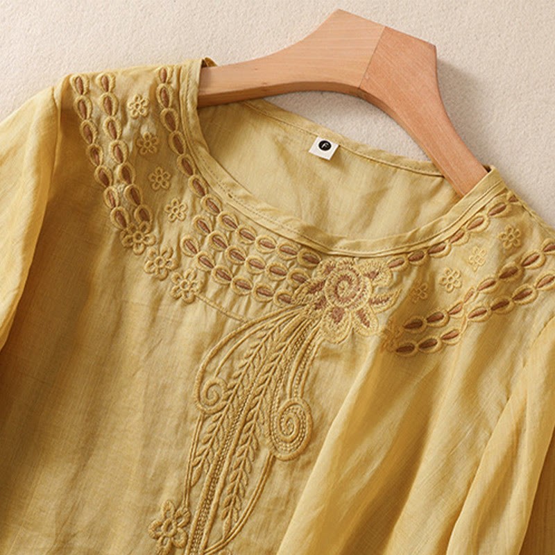 Women's Crew Neck Hollow Design Half Sleeve Cotton Linen Shirt