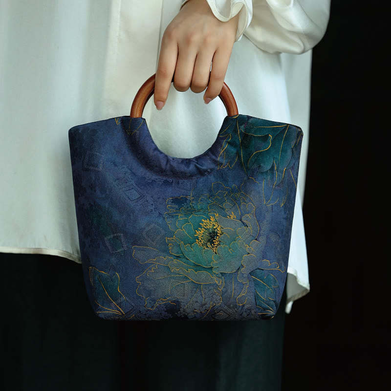 Peony Flower Bamboo Leaves Bird Solid Wood Handle Handbag