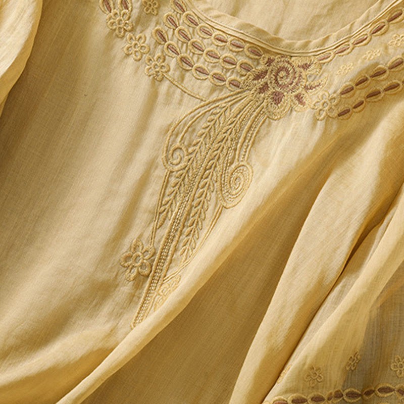 Artistic Plain Floral Embroidered Design Crew Neck Puff Half Sleeve Cotton Linen Women's T-Shirt