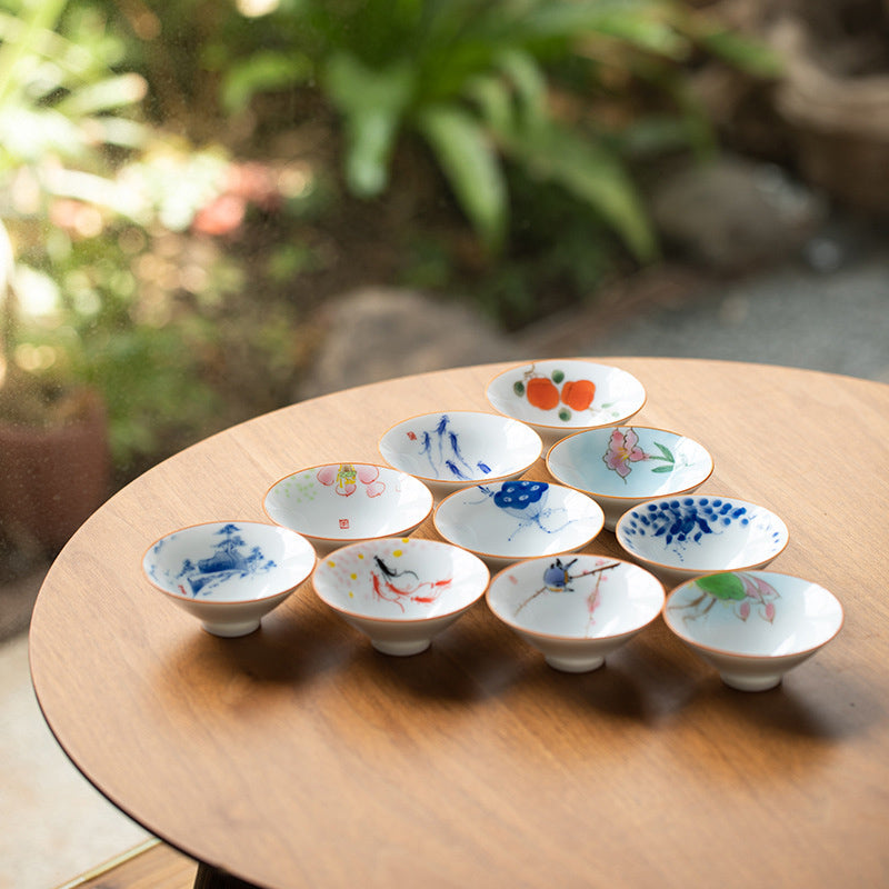 Mandala Flower Koi Fish Lotus Bird Persimmons Teacup Kung Fu Tea Cup 50ml