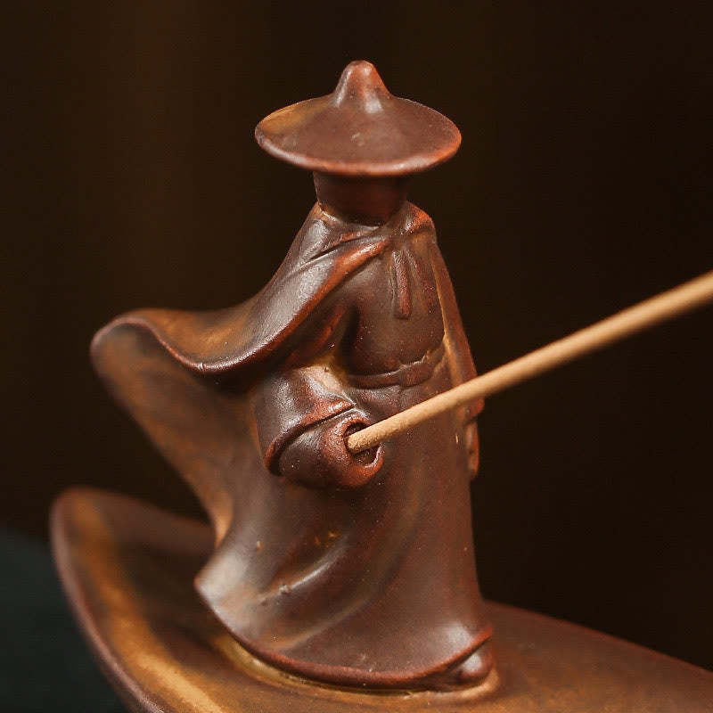 Fisherman Fishing Boat Bamboo mystic zen Hand Lotus Spiritual Healing Ceramic Stick Incense Burner Decoration