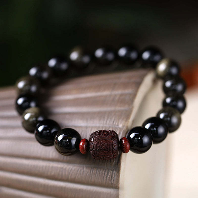 Natural Gold Sheen Obsidian Rainbow Obsidian Om Mani Padme Hum Fu Character Healing Bracelet