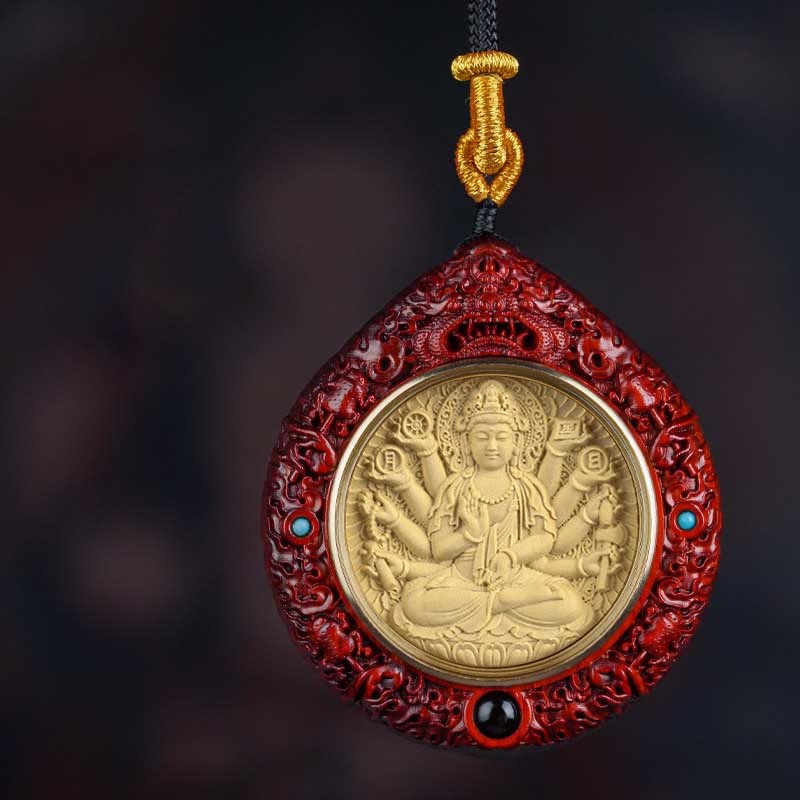 Chinese Zodiac Avalokitesvara Small Leaf Red Sandalwood Ebony Longevity Necklace Pendant
