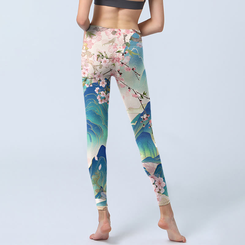 Plum Blossoms Mountains Print Gym Leggings Women's Yoga Pants