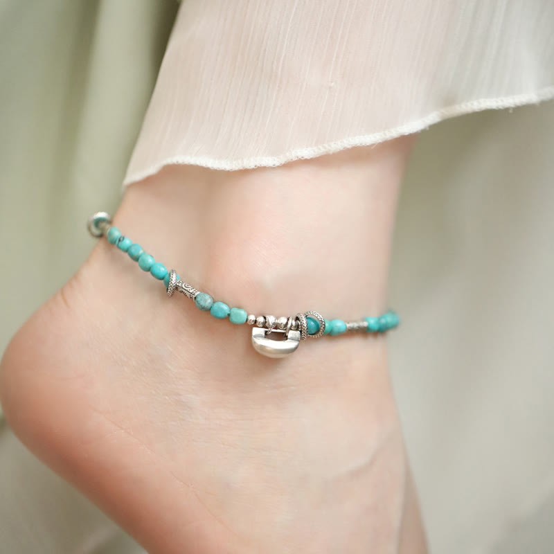 925 Sterling Silver Turquoise Small Beads Chinese Lock Charm Strength Anklet