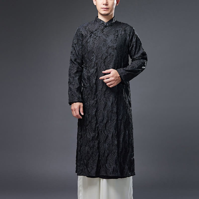Fall Chinese Frog-Button Rose Peony Cotton Men's Tang Suit Robe