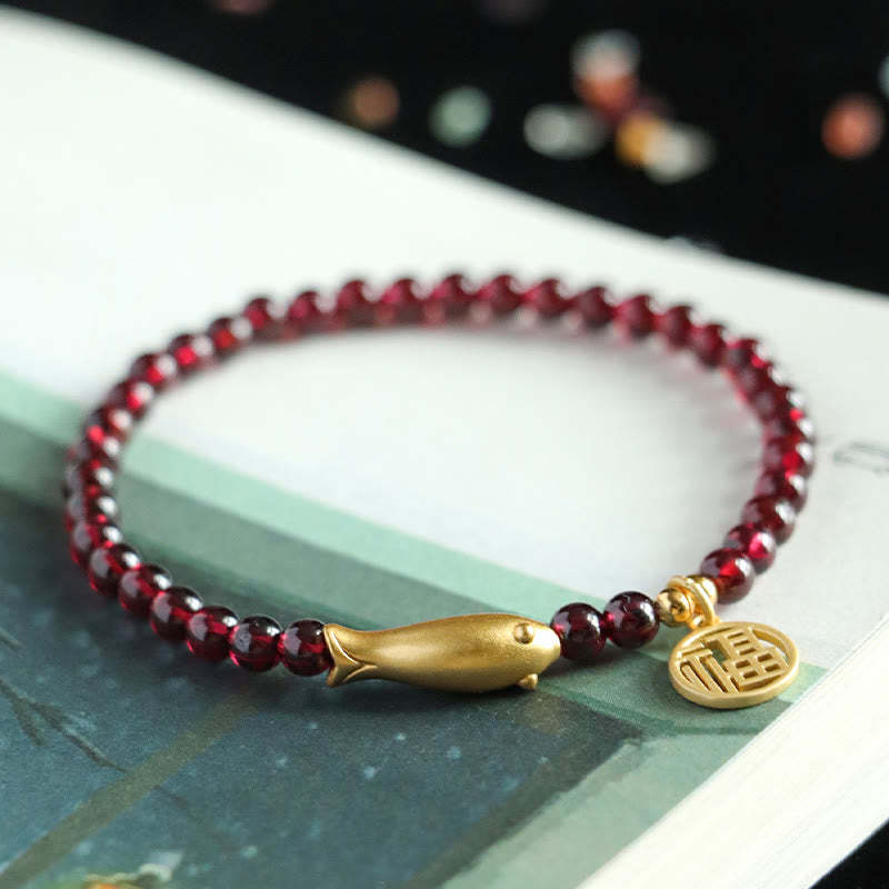 Garnet 925 Sterling Silver Fish Fu Character Purification Bracelet