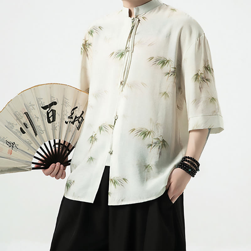 Green Yellow Bamboo Leaves Print Half Sleeve Shirt Men's T-shirt